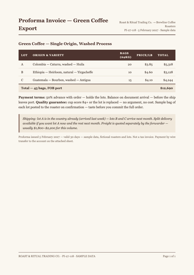Artisanal coffee proforma invoice